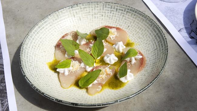 The kingfish sashimi with green chilli and coconut foam. Picture: Nigel Hallett