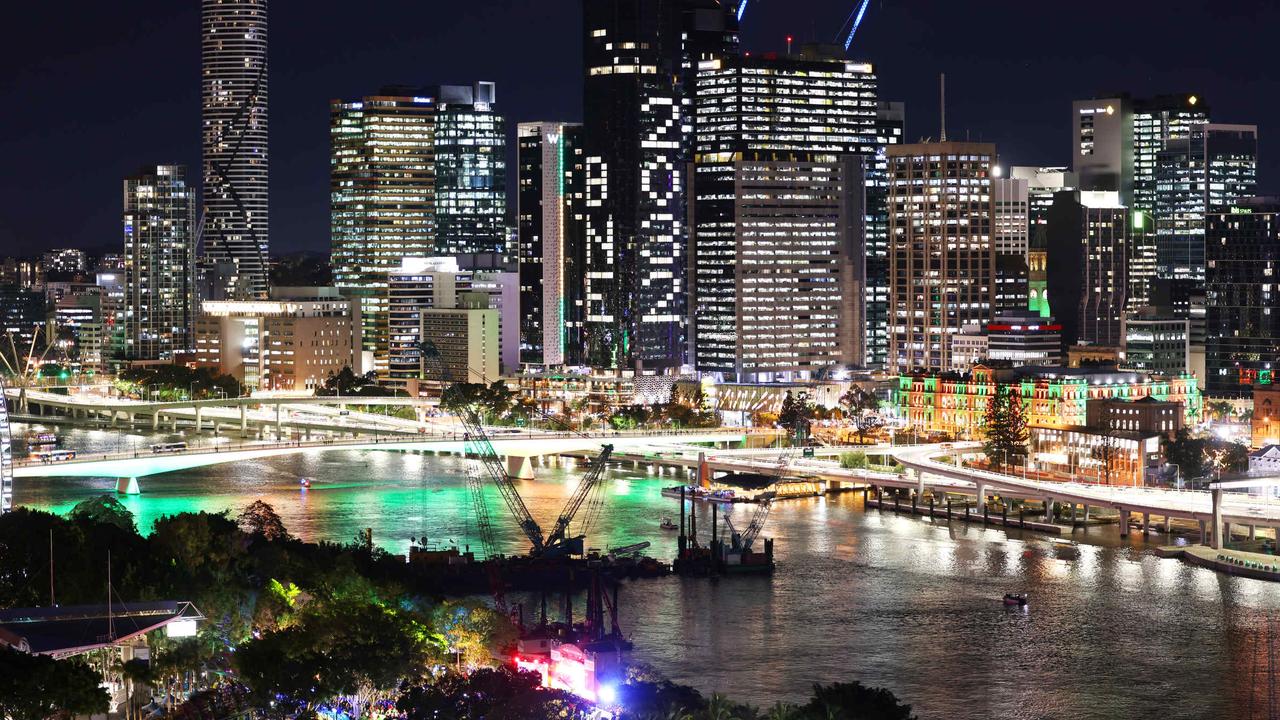 The Brisbane skyline is lit up as the city is named host of the 2032 Olympic Games. Picture: Peter Wallis