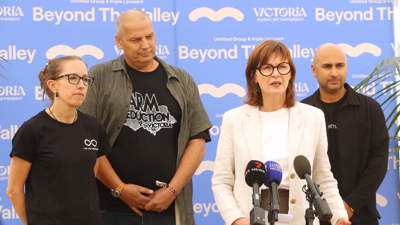 Drug checking director Sarah Hiley, Harm Reduction Victoria CEO Sione Crawford, Acting Minister for Mental Health Mary-Anne Thomas and Director of Festivals and Major Events at the Untitled Group Pete Sofo at the pill-testing trial facilities at Beyond The Valley. Picture: Alison Wynd