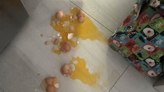 Eggs broken on the floor of Tamara Srhoj's Whitfield home by youth offenders. Picture: Supplied