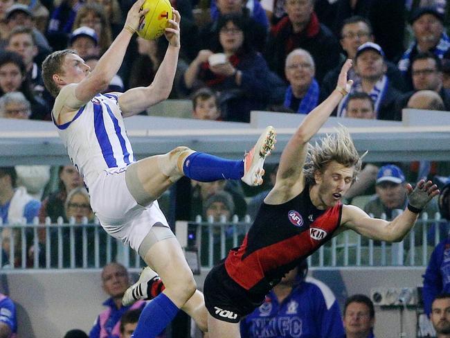 Jack Ziebell marks over Dyson Heppell. Picture: Colleen Petch.