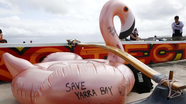 Messages on a pool flamingo. Picture: John Appleyard