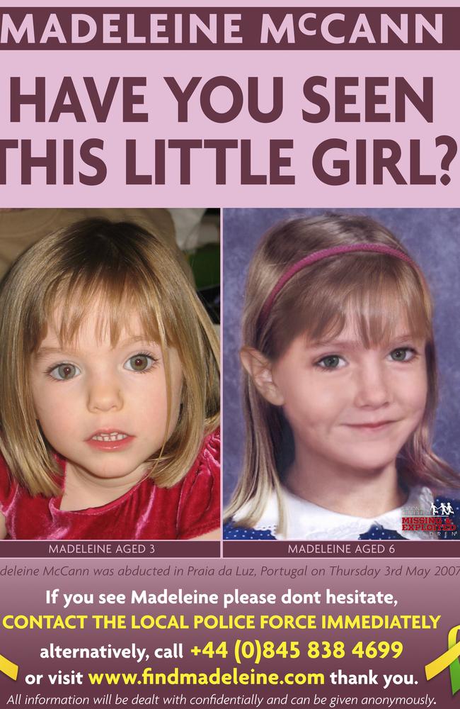 An age-progressed image, right, of Madeleine McCann, the British toddler who disappeared from a hotel room in Portugal on May 3, 2007. Picture: AP