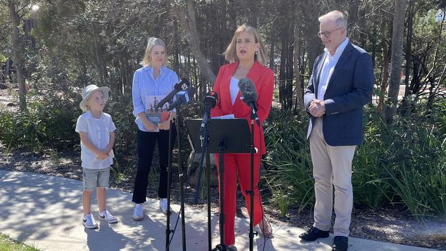 Richmond MP Justine Elliot speaks alongside The Parenthood CEO Georgie Dent and Prime Minister Anthony Albanese at Ballina on Wednesday. Picture: Savannah Pocock/NewsLocal