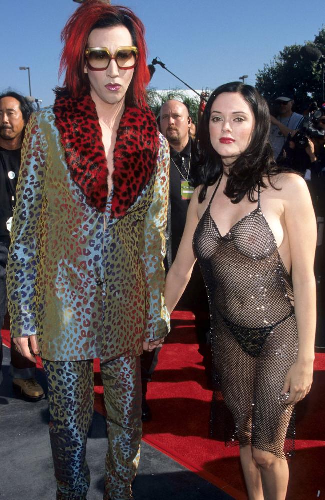 Marilyn Manson and Rose McGowan during their headline-grabbing 1998 MTV Awards appearance. Picture: Getty