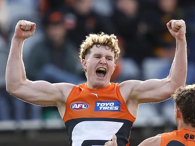 Giants Tom Green celebrates kicking the match winning goal during the AFL Round 21 match between the GWS Giants and Hawthorn Hawks at Manuka Oval, Canberra on August 4, 2024. Photo by Phil Hillyard(Image Supplied for Editorial Use only - **NO ON SALES** - Â©Phil Hillyard )