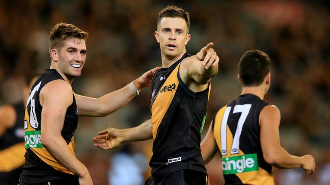 Tigers star Brett Deledio and Anthony Miles during loss to Port Adelaide. Pictue: Wayne Ludbey