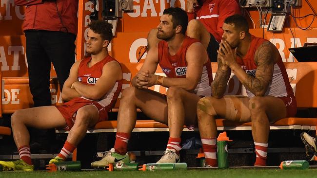 Tom Papley, Heath Grundy and Lance Franklin during the semi-final loss to Geelong.