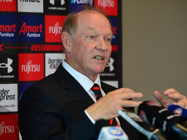 MELBOURNE, AUSTRALIA - NewsWire Photos SEPTEMBER 30TH, 2022: Essendon President David Barham, speaks to the media, about newly-appointed senior coach Brad Scott, at the NEC Hangar. Picture: NCA NewsWire / Nicki Connolly