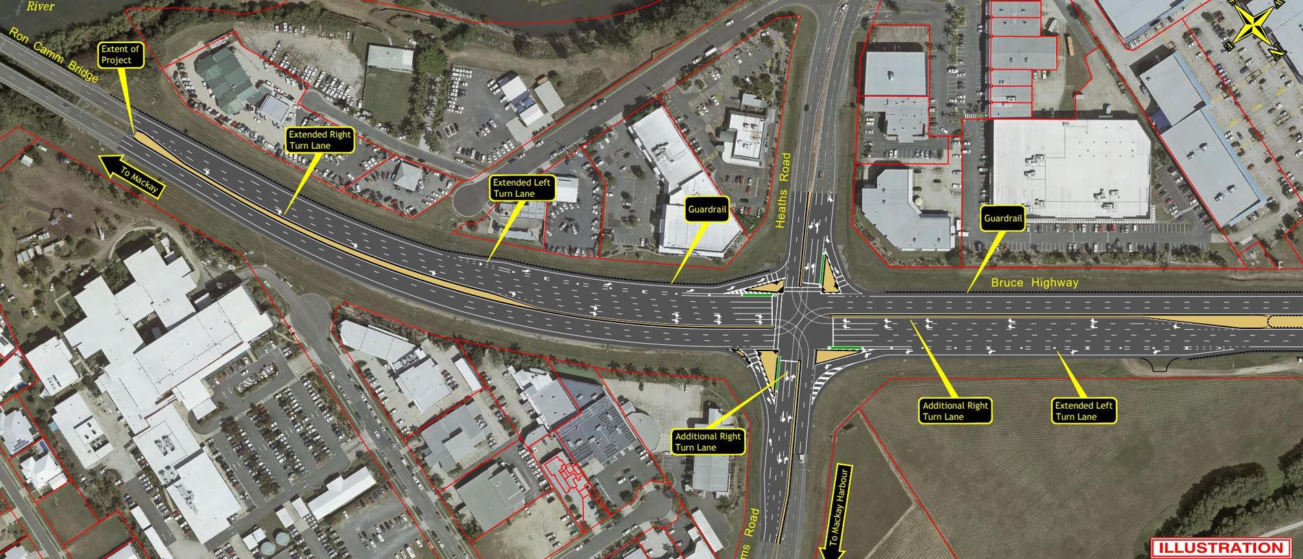 Changes to turning lanes at the intersection of Heaths Rd and Sams Rd as part of the Mackay Northern Access Project. Picture: Department of Transport and Main Roads