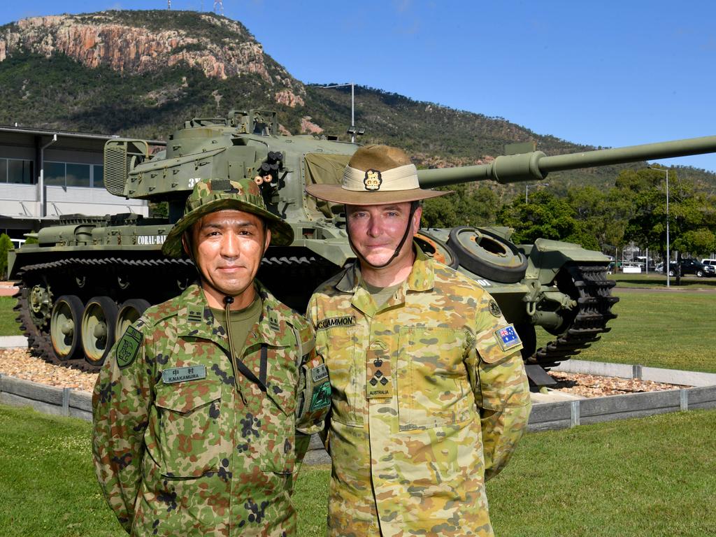 The Japanese ground self defense force is concluding their three month training exercise in Australia and returning home. Lieutenant Colonel Nakamura and Brigadier Dave McCammon at Lavarack Barracks. Picture: Evan Morgan