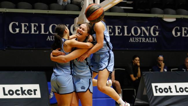 NSW players celebrate winning the semi-final over Queensland at the Under-20 National Championships. Picture: Jaylee Ismay