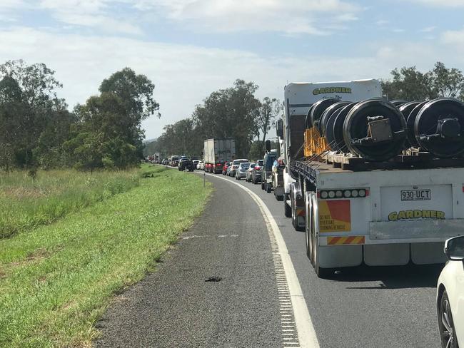 Bumper to bumper traffic on the Bruce Highway north of Gympie this morning.