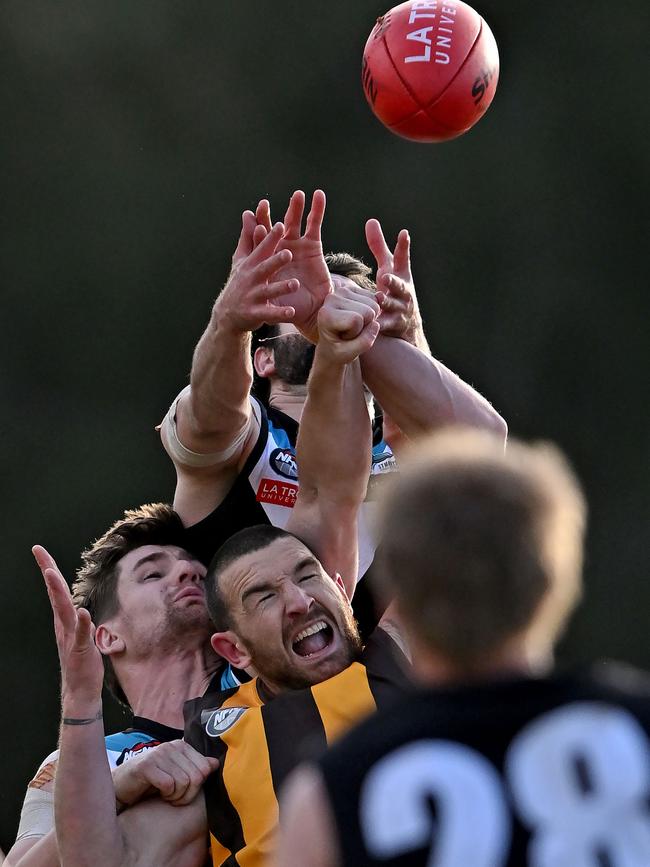 NFL: Players fly for the mark from Lower Plenty and St Mary’s. Picture: Andy Brownbill