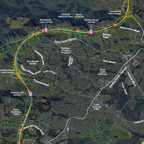 The proposed route for the Coffs Harbour Bypass.