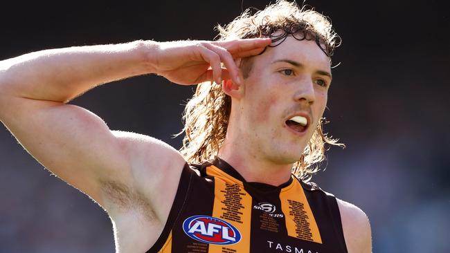 MELBOURNE, AUSTRALIA - AUGUST 11: Josh Weddle of the Hawks celebrates a goal during the 2024 AFL Round 22 match between the Carlton Blues and the Hawthorn Hawks at The Melbourne Cricket Ground on August 11, 2024 in Melbourne, Australia. (Photo by Michael Willson/AFL Photos via Getty Images)