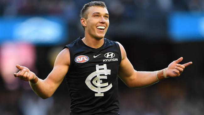 The shrig game: Not even Patrick Cripps knows how he does it sometimes. Picture: AAP