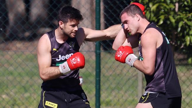 Trent Cotchin boxing with Jack Ross in the Tigers’ Gold Coast hub. Picture: Michael Klein