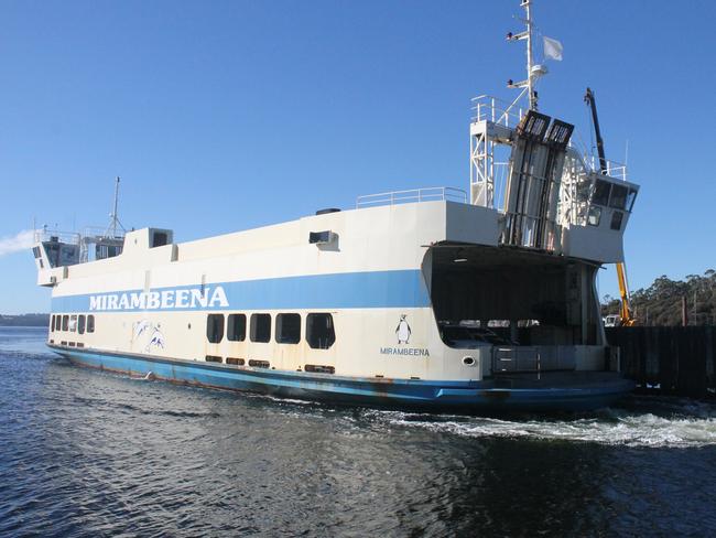 The Mirambeena ferry approaching the Kettering terminal. The vessel is about to end its Bruny Island passenger service after 30 years. Picture: ANNIE MCCANN