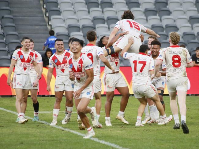 St George No.15 Corey Ackers kickstarts the celebrations after the SG Ball grand final. Picture: Warren Gannon Photography