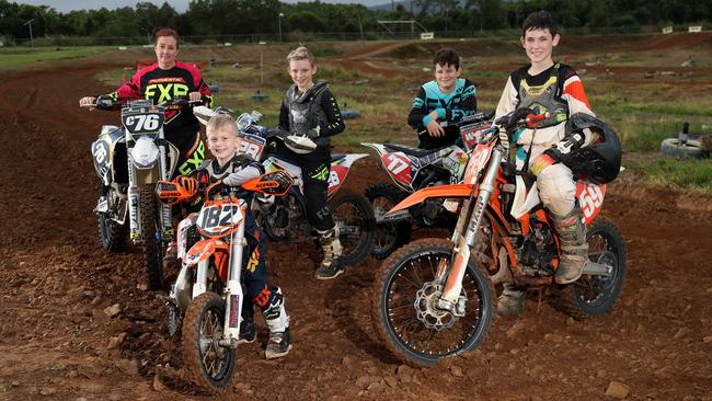 The Cairns Motorcycle Club is hoping the launch of a new national program, Ride Parks Australia, can be a stepping stone to growing the sport of motocross in the Far North. Members Carol Whitmore, Levi Daniel, 6, Braden Plath, 14, Shaun Whitmore, 13, and Heath Groundwater, 14, are ready to find new riders at the Edmonton track. PICTURE: STEWART McLEAN