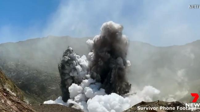 A screen shot from a survivor's phone of the White Island eruption. Picture: 7 News