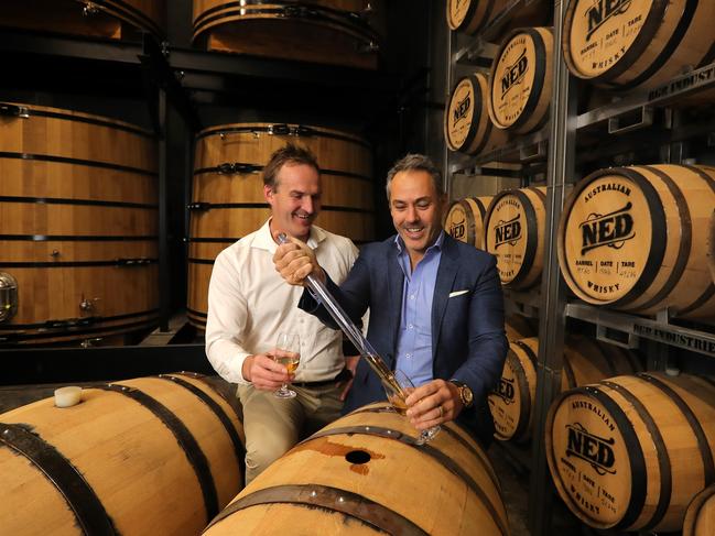Australian whisky company Top Shelf International CEO Drew Fairchild and chairman Adem Karafili, have started putting out whisky under the ‘Ned’ brand. Picture: Stuart McEvoy.