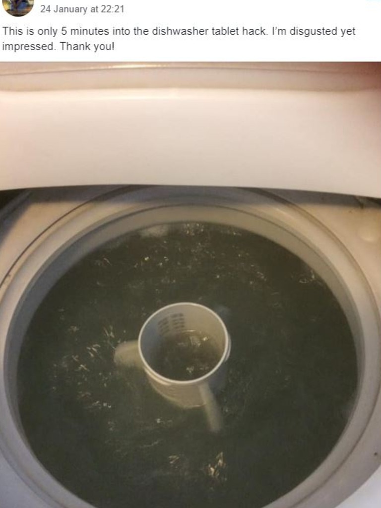 A woman posted to a Facebook group how impressed she was by a dishwashing tablet hack used to clean her washing machine. Picture: Facebook/mumswhoclean