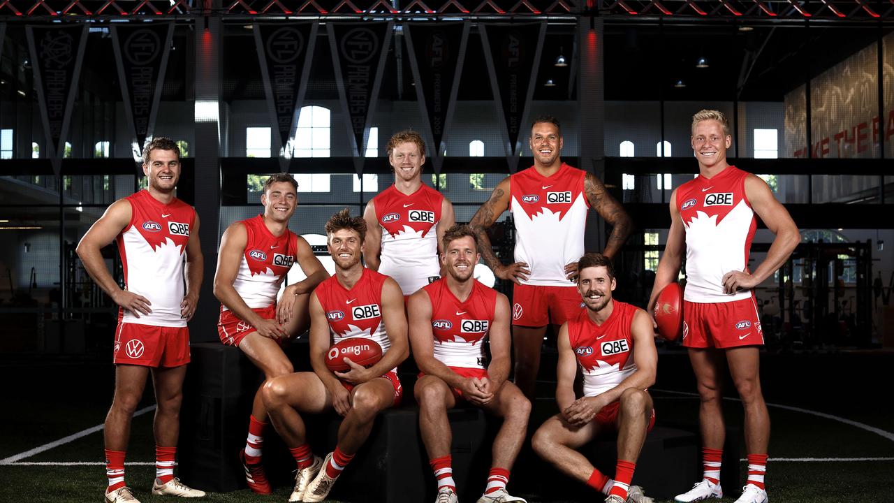 Sydney captains Dane Rampe, Callum Mills and Luke Parker along with their leadership group. Mick Malthouse is slightly bemused at the five clubs who don’t have a single captain. Picture: Phil Hillyard