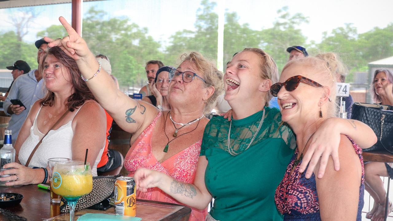 Credwyn Dearly, Lee Burgess, Caitlyn Newton and Kaz Langdgebe watching the cup at Berry Springs Croc Races celebrating the Melbourne Cup Picture: Glenn Campbell