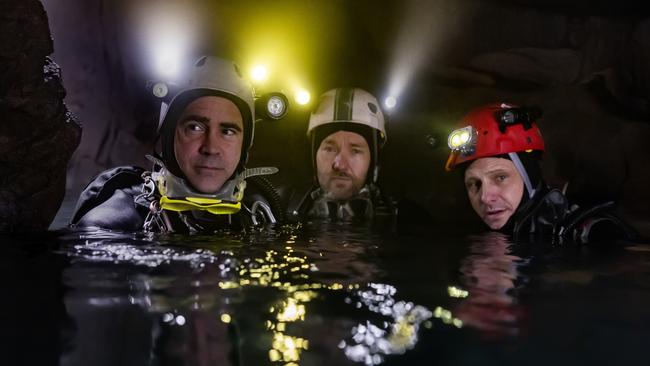 L-R Colin Farrell, Joel Edgerton and Viggo Mortensen on set of Ron Howard’s Thirteen Lives, which was made on the Gold Coast in 2021. Picture: Courtesy of Imagine Entertainment and MGM