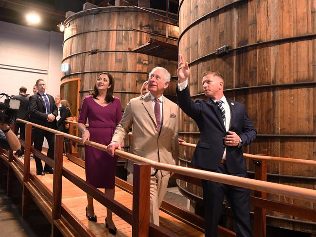 Prince Charles tours the Bundaberg Rum Distillery with Premier Annastacia Palaszczuk.