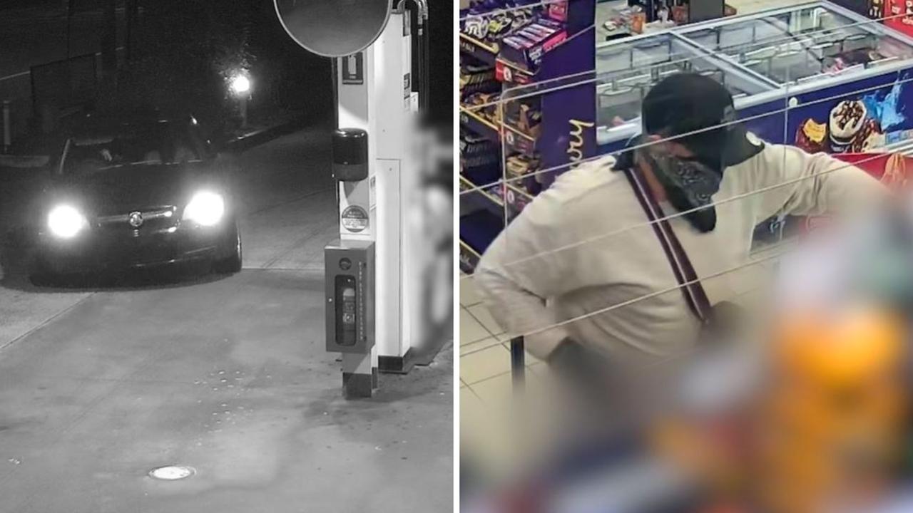 A car caught on CCTV at the service station and the man police are seeking. Pictures: Qld Police Service