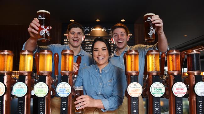 Bar staff Nathan Guscott, Chelsie Selleck and Liam Whitehead man the taps at The Rogue Squire. Picture: Josie Hayden