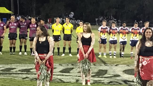 Indigenous dancers before the Langer Cup match between Marsden SHS and St Mary's. The fixture celebrated the indigenous culture of the area.