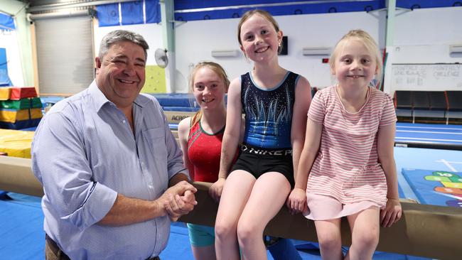 Minister Kerry Vincent Minister with Peyton Drinkwater, Abi Balmer and Paige Drinkwater at the Hobart Gymnastics Academy on Friday, January 10, 2025.