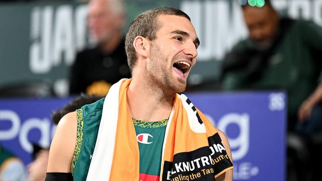 HOBART, AUSTRALIA - DECEMBER 17: Jack McVeigh of the Jackjumpers reacts during the round 11 NBL match between Tasmania Jackjumpers and Cairns Taipans at MyState Bank Arena, on December 17, 2022, in Hobart, Australia. (Photo by Steve Bell/Getty Images)