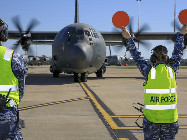 A Royal Australian Air Force C130-J Hercules aircraft arrives at RAAF Base Amberly.