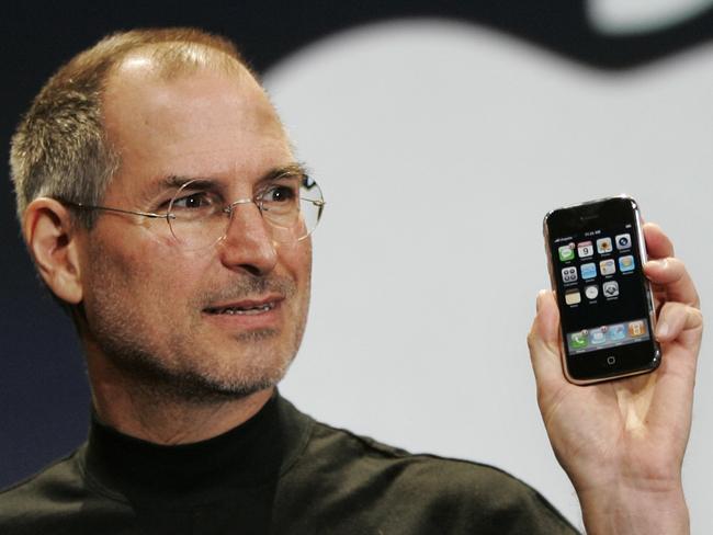 10/01/2007 WIRE: Apple CEO Steve Jobs demonstrates the new iPhone during his keynote address at MacWorld Conference & Expo in San Francisco, Tuesday, Jan. 9, 2007. (AP Photo/Paul Sakuma)