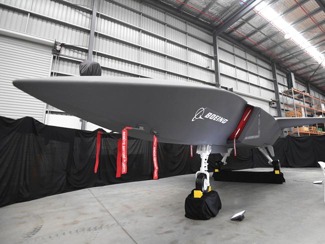 Boeing unveiled a model of an unmanned aircraft at the Queensland Premier’s announcement of a partnership to assemble Boeing’s first Australia-developed unmanned aircraft. Picture: NCA NewsWire / Dan Peled