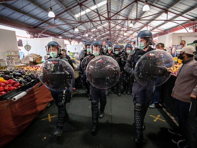 A heavy police presence at the Queen Victoria Market for an anti-lockdown protest. Picture: Getty Images