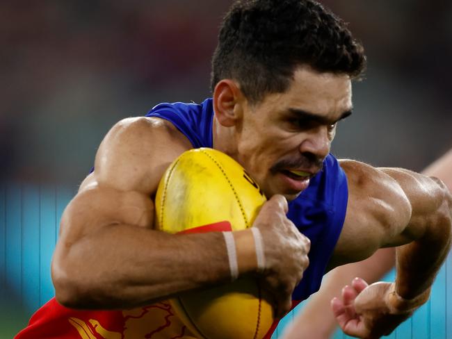 MELBOURNE, AUSTRALIA - APRIL 11: Charlie Cameron of the Lions in action during the 2024 AFL Round 05 match between the Melbourne Demons and the Brisbane Lions at the Melbourne Cricket Ground on April 11, 2024 in Melbourne, Australia. (Photo by Michael Willson/AFL Photos via Getty Images)