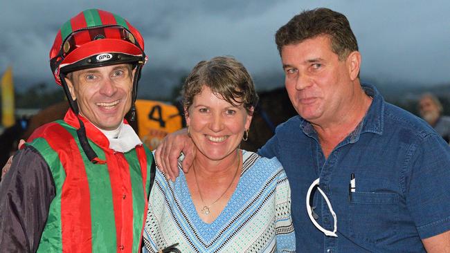 Jack Pakis (right) with jockey Justin Stanley and trainer Diane Murphy after Peacock's win in the Rockhampton Newmarket n 2018. Picture: Taron Clarke