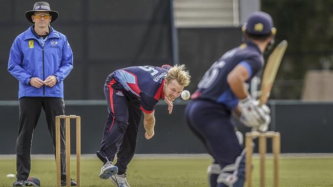 Vic Premier Cricket grand final for 2020-21. Prahran v Dandenong. Jack Fowler bowling for Dandenong. Picture: Valeriu Campan