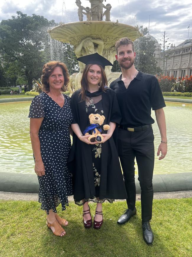 Anne-Maree Spencer, Rachel Spencer (Master of Public Policy and Management) and Euan Russell at the University of Melbourne graduations held at the Royal Exhibition Building on Monday, December 16, 2024. Picture: Jack Colantuono