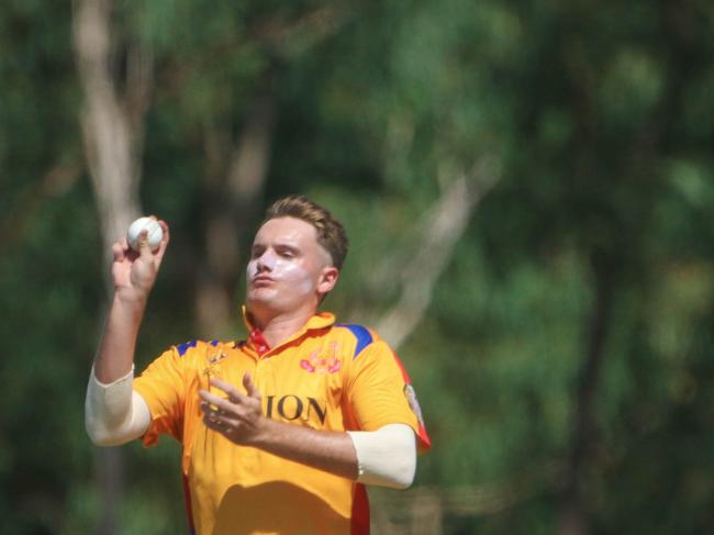 Josh Kann had another big day out during Tracy Village’s massive 106-run win over Nightcliff, capturing 2-12 with the ball and scoring 26 with the bat. Picture Glenn Campbell