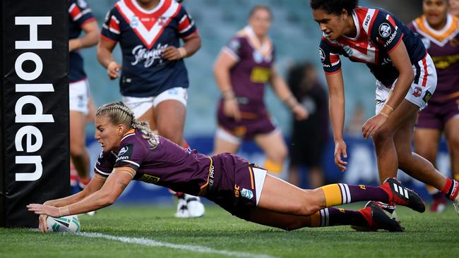 Ali Brigginshaw scores a try for the Broncos. Picture: AAP