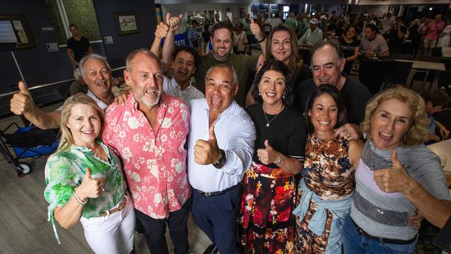 Gold Coast Mayor Tom Tate celebrates his election win with wife Ruth and supporters at the Southport Bowls Club. Picture: Nigel Hallett