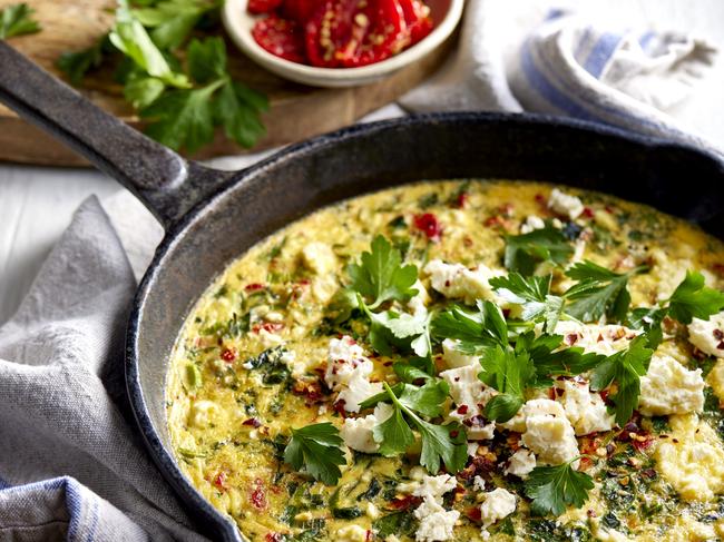 EMBARGO FOR TWAM, 02 NOVEMBER 2024. FEE MAY APPLY. Mediterranean Frittata. My Mediterranean Life by Sarah Di Lorenzo, Simon & Schuster, $49.99. Photography: Scott Ehler