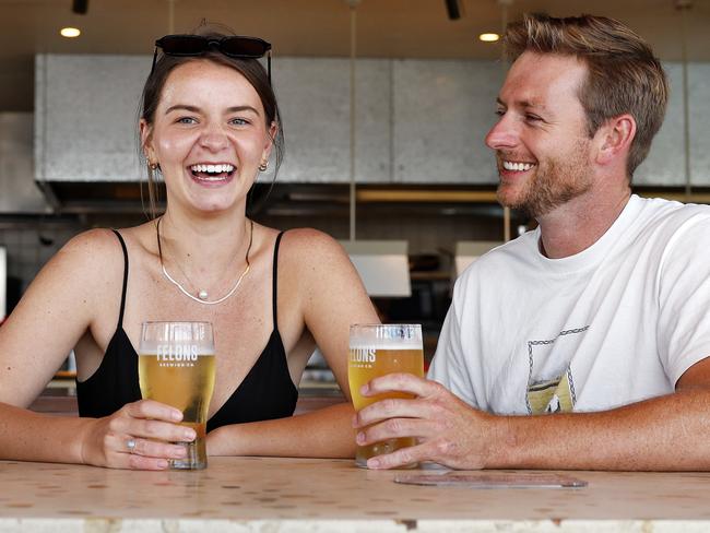 DAILY TELEGRAPH - 1/11/24Drinkers at Felons Brewing Co - Manly, L to R, Lachlan Mason-Cox, Taylor Vermilyea and Murray Smith (0423043962) enjoy a Friday afternoon beer.  Picture: Sam Ruttyn